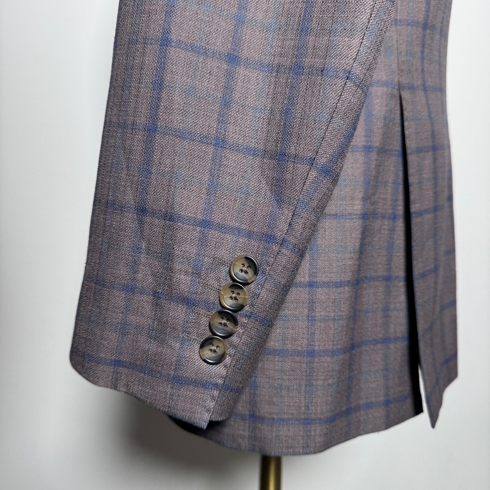 Maestro Tailor Sport Coat Mens 40R Brown Blue Windowpane Wool Silk Italy Blazer - Picture 2 of 7